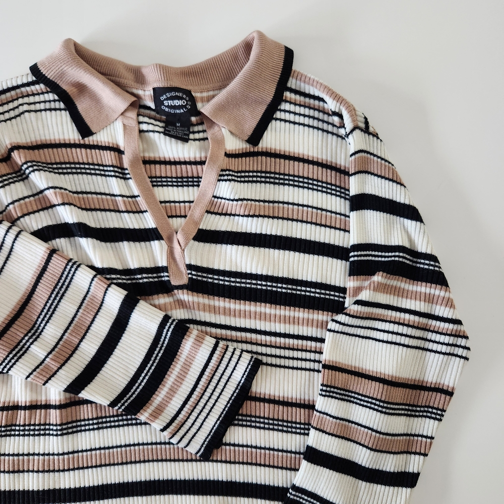 Striped Polo Collar Sweater Women's Size M